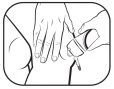Black and white drawing showing a hand pressing an auto-injector device against a person's thigh to administer the drug