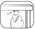 A hand pressing a medical device against a flat surface producing a sound indicated by the word 'click'