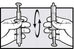 Two hands holding a syringe in two different positions with a curved arrow indicating a rotational movement between the two grips