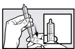 Two hands holding a syringe to adjust the dosage with an arrow indicating downward movement of the plunger