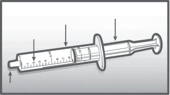 Technical drawing of a syringe with numbered annotations and arrows pointing to it
