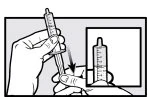 Two hands holding a syringe to adjust the dosage, with an arrow indicating the piston movement downward