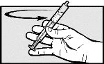 A hand holds a syringe at an angle with a curved arrow above indicating a clockwise rotational movement