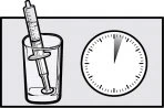 Black and white drawing of a syringe immersed in a glass of