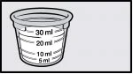 Transparent graduated measuring cup with milliliter markings labeled 5 ml, 10 ml, 20 ml, and 30 ml on a white background