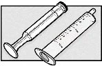 Black and white technical drawing of two medical syringes with plunger and graduated cylindrical barrel, positioned diagonally on a light background