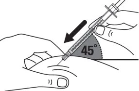 Disegno tecnico che mostra una mano che inserisce un ago con una siringa graduata nella pelle con un angolo specifico