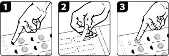 Three sequential illustrations show a hand pressing a finger on a blister pack to separate individual pills in three steps