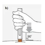 A hand holding vertically a medical device to apply it to the skin at a 90-degree angle indicated by a downward arrow