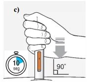 Technical drawing of a hand pressing vertically a medical device at a 90-degree angle with a timer indicating 10 seconds