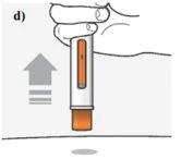 Technical drawing showing a hand lifting vertically an auto-injector device with orange liquid above the skin