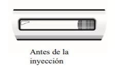 Medical device placed horizontally with a rectangular window showing a liquid level and the text 'Before injection' below it