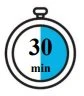 Stylized icon of a timer with the text 30 min and a blue section indicating elapsed time on a white background