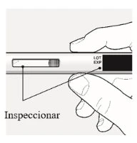 Two hands holding an injection pen to inspect the liquid level and batch codes and expiration date indicated by black lines