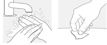 Line drawing of two hands being washed under a tap with water and soap
