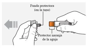Hands removing the protective cap from the injection pen, with a gray arrow and an orange needle shield indicated