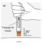 Technical drawing of a hand holding vertically a medical device with a viewing window and an orange tip positioned at 90 degrees from the surface