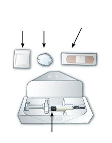 Illustration of an open box with a syringe, adhesive bandage, cotton ball, and swab indicated by black arrows