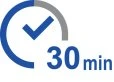 Circular icon with a blue checkmark and the text '30 min' in blue on white background, with a gray arc in the upper right portion