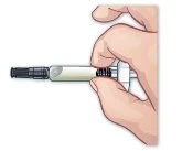 A hand holding a medical injection pen horizontally with thumb and index finger