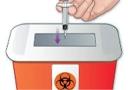 A hand vertically inserting a syringe into a red and white biohazard waste disposal container with biohazard symbol