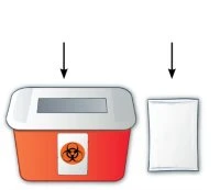 Red biohazard waste container with biohazard symbol and a white bag beside it, both indicated by black downward arrows