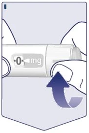 Two hands holding a white medical device showing 0 mg and a blue curved arrow indicating rotational movement toward the