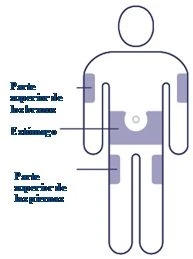 Stylized diagram of a human body with gray-highlighted areas on the