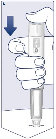 A hand holding a white injection pen vertically labeled '0.25 mg', with a blue arrow pointing downward indicating the pressing motion