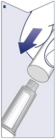 A blue arrow indicates the movement of a white cylindrical medical device toward another gray, transparent component
