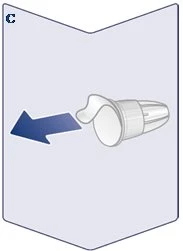 Illustrazione medica di un dispositivo medico bianco con una freccia blu rivolta verso sinistra che indica la direzione di rimozione del tappo
