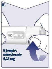 Due mani tengono un dispositivo medico bianco con la scritta 0,25 mg e una freccia blu curva che indica un movimento verso l'alto