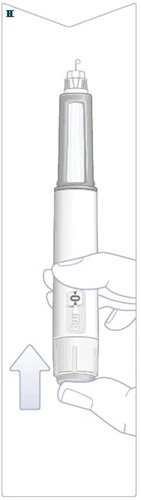 A hand holding a white injection pen with indication '0 mg' and a thumb pressing the base upward
