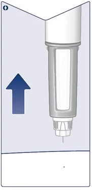 Illustration of a pen-shaped medical device with a blue arrow pointing to the