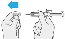 Two hands placing a protective cap onto the tip of a syringe with a blue arrow indicating the direction of movement