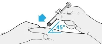 A hand holding a syringe to inject medication into the skin at a 45-degree angle indicated by a blue arrow and a geometric symbol