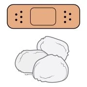 Skin-colored adhesive patch with a central rectangular area and three small side holes above three irregularly shaped white capsules