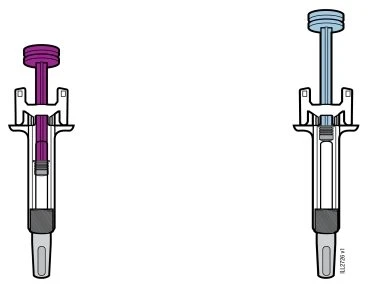 Diagram of two pre-filled syringes with purple pistons on the left and blue on the right against a white background