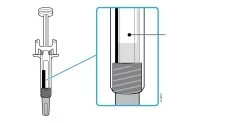 Technical diagram of a syringe with a magnified view of the barrel showing the liquid level and an internal black measurement line
