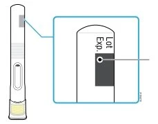 Diagramma di un dispositivo medico con ingrandimento della parte superiore che mostra le scritte Lot ed Exp su uno sfondo scuro
