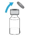 Illustrazione di un flaconcino di vetro con liquido trasparente e un tappo metallico che viene rimosso verso l'alto