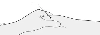 Line drawing showing a hand pressing with the thumb on the skin above a black dot indicated by a guideline