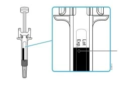 Technical diagram of a syringe with magnification of the central section showing the markings 'Lot' and 'Exp' on a black band