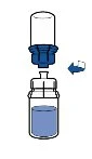 Diagram showing a vial of blue liquid with a separate blue cap being inserted into the top of the container via an arrow