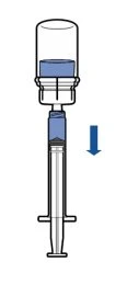 Diagram of a syringe with a cylindrical upper chamber and a blue arrow pointing downward indicating the pressing motion