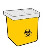 Contenitore giallo per rifiuti biologici con coperchio bianco e simbolo del rischio biologico nero sulla parte frontale