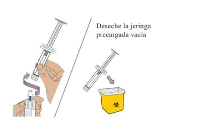 Illustrazione che mostra come aspirare il liquido con una siringa e come successivamente smaltire la siringa vuota in un contenitore giallo per rifiuti biologici