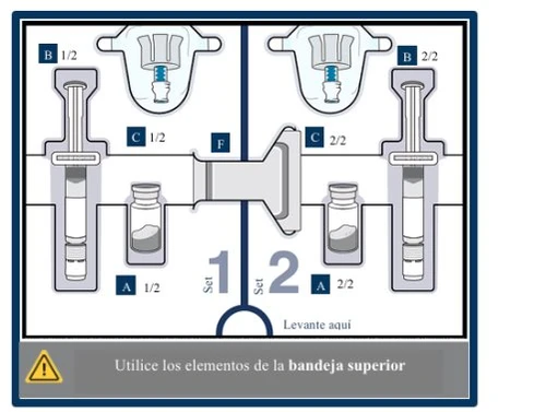 Diagramma medico con due siringhe cariche, flaconi di farmaco, etichette numerate 1/2 e 2/2 e un avviso di attenzione in basso