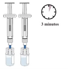 Due siringhe collegate a flaconi di medicinale accanto a un orologio che indica il passaggio di tre minuti