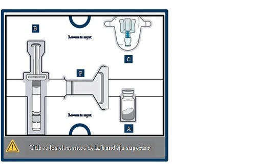 Diagramma medico con siringa, fiala di farmaco, ago e componenti etichettati con lettere A, B, C e F su sfondo bianco con bordo blu